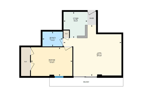 Floor plan for 1 bed, 1 bath, 574 sqft